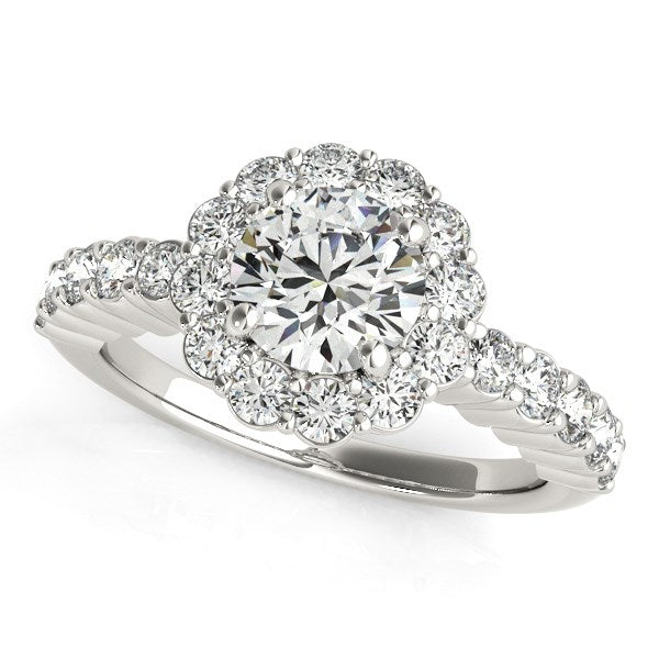 14k white gold round floral motif engagement ring featuring 1 5/8 cttw diamonds in a modern prong setting.