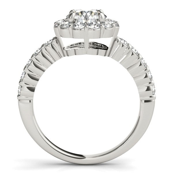 14k white gold round floral motif engagement ring adorned with sparkling diamonds in a modern prong setting.