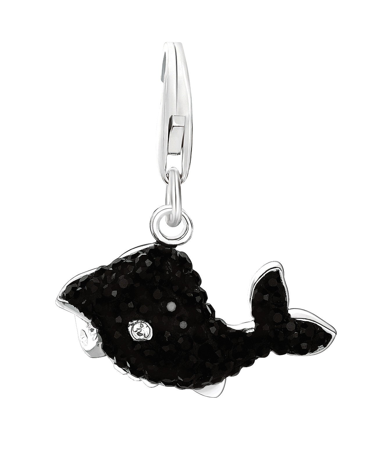 Sterling silver whale charm with black tone crystal accents, modern design, perfect for a chic charm bracelet.