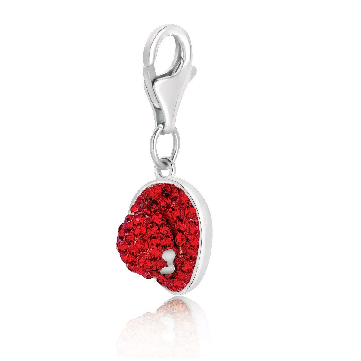 Sterling silver charm featuring an elegant hat with bow and red tone crystal embellishments for a luxurious touch.
