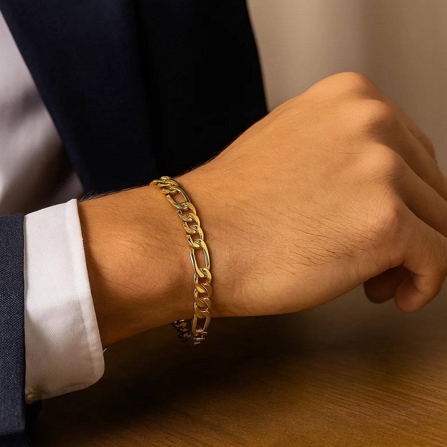 14k yellow gold solid Figaro bracelet featuring modern link design, perfect for elegant layering or standalone wear.