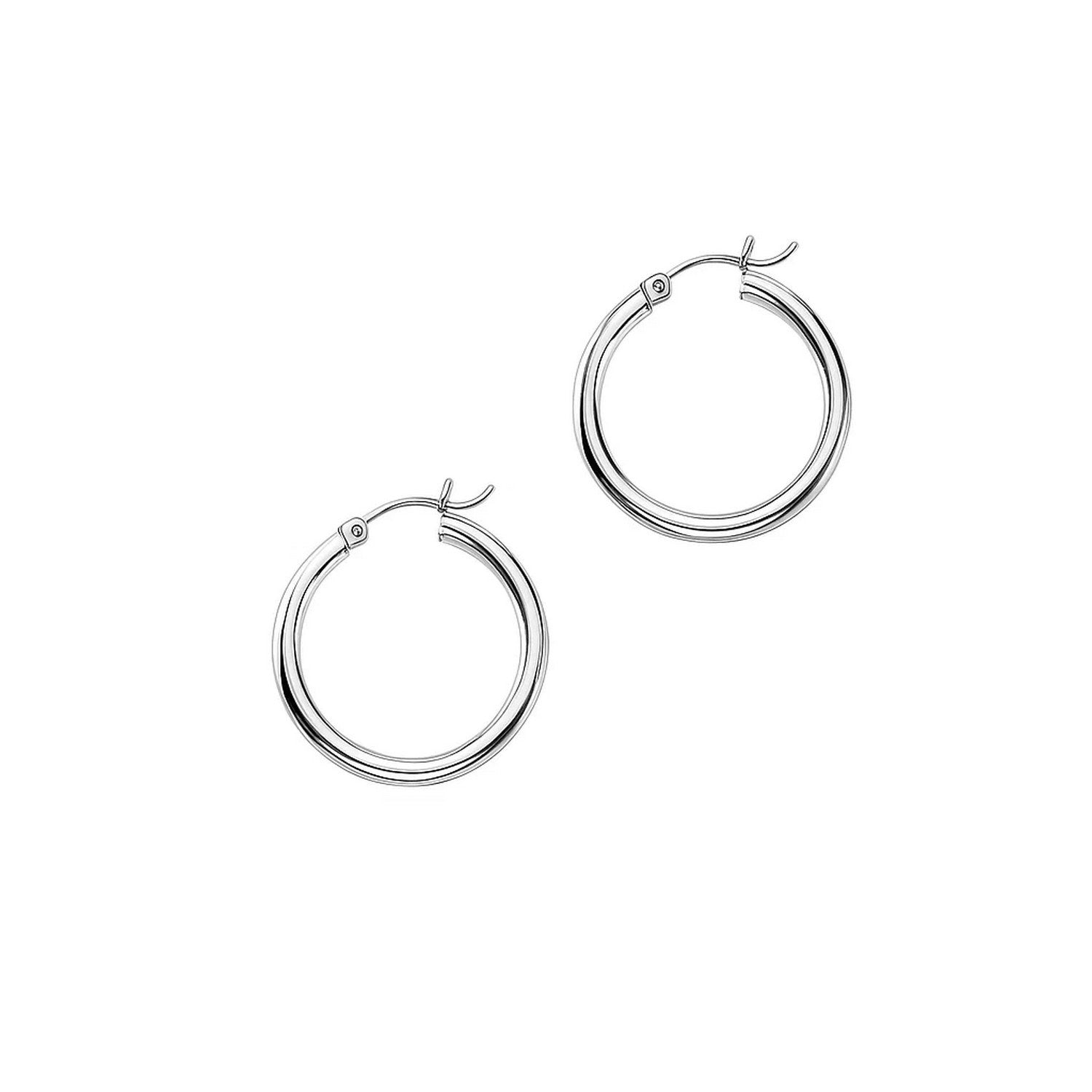 14k white gold polished hoop earrings with a sleek modern design, perfect for elegant everyday wear.