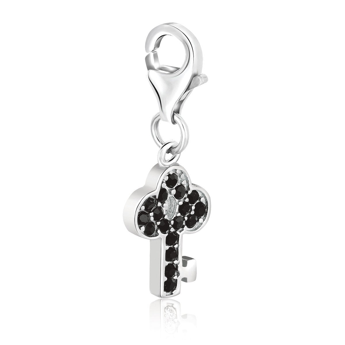 Sterling silver key charms adorned with black tone crystal accents, showcasing modern luxury and exquisite craftsmanship.