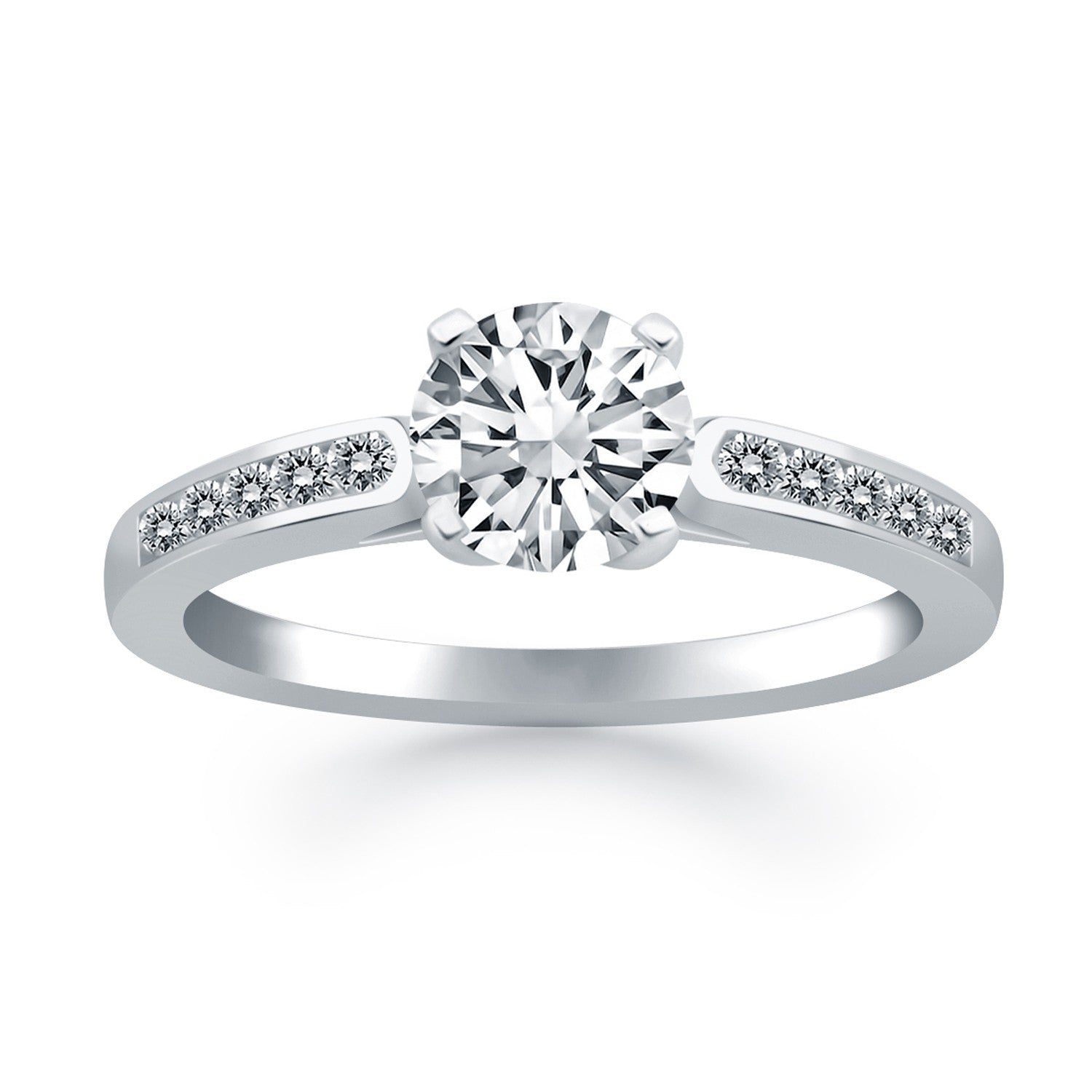 14k white gold diamond channel cathedral engagement ring with a modern prong setting and exquisite round diamonds.