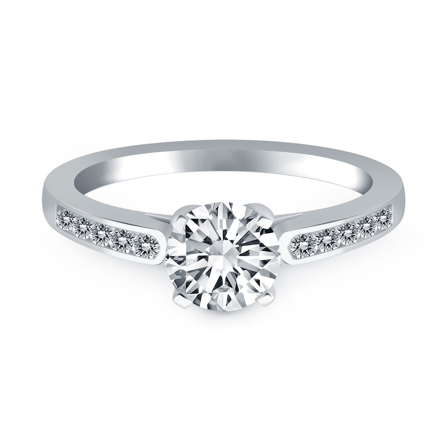 14k white gold diamond channel cathedral engagement ring featuring a stunning round brilliant center stone.