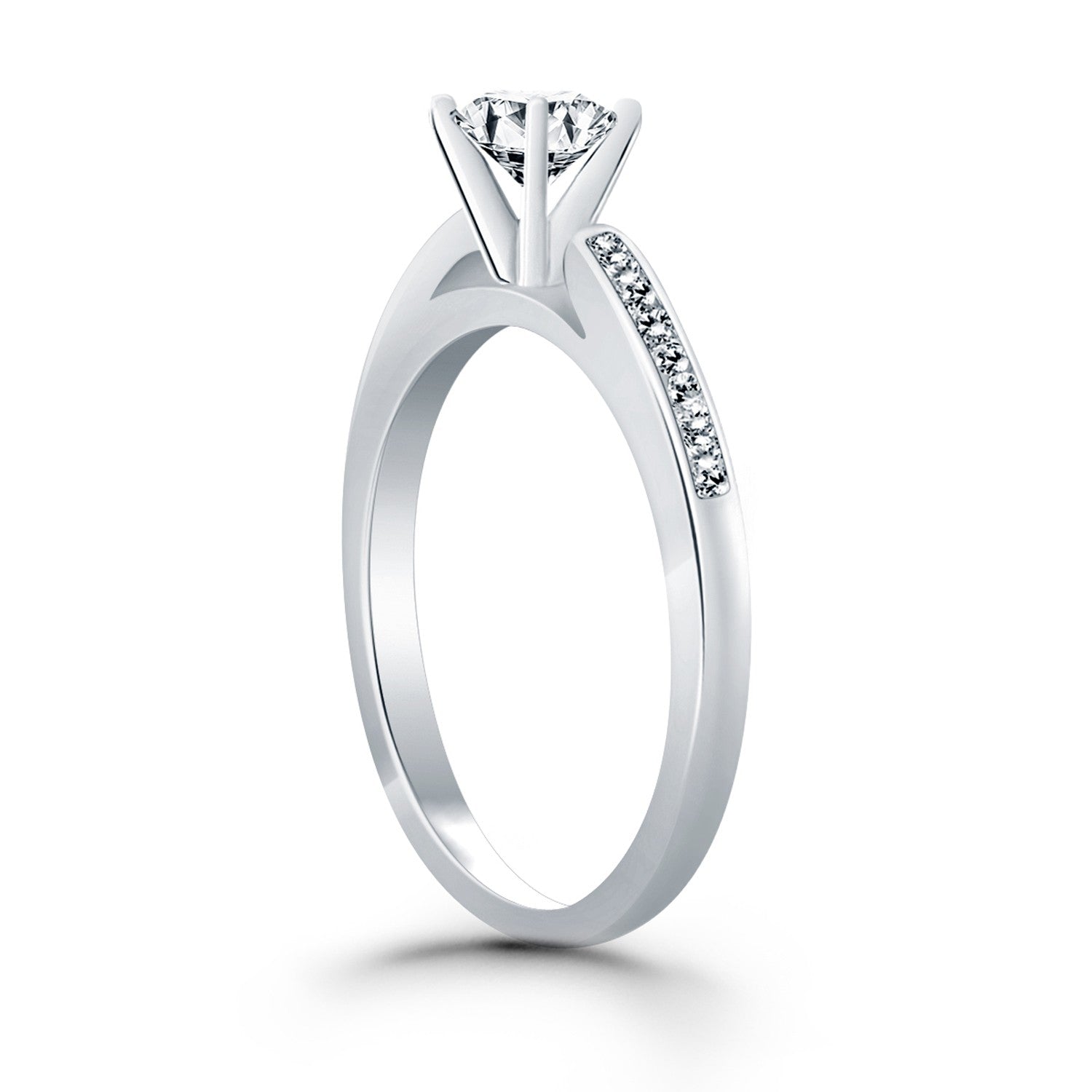 14k white gold diamond channel cathedral engagement ring featuring a stunning round brilliant stone in a modern design.
