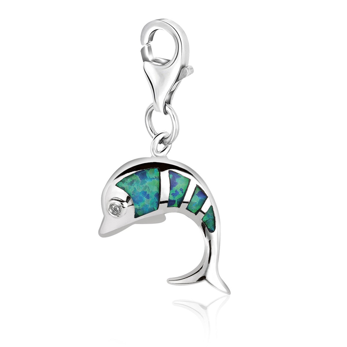 Sterling silver dolphin charms accented with vibrant opals, elegantly designed for a luxurious touch.