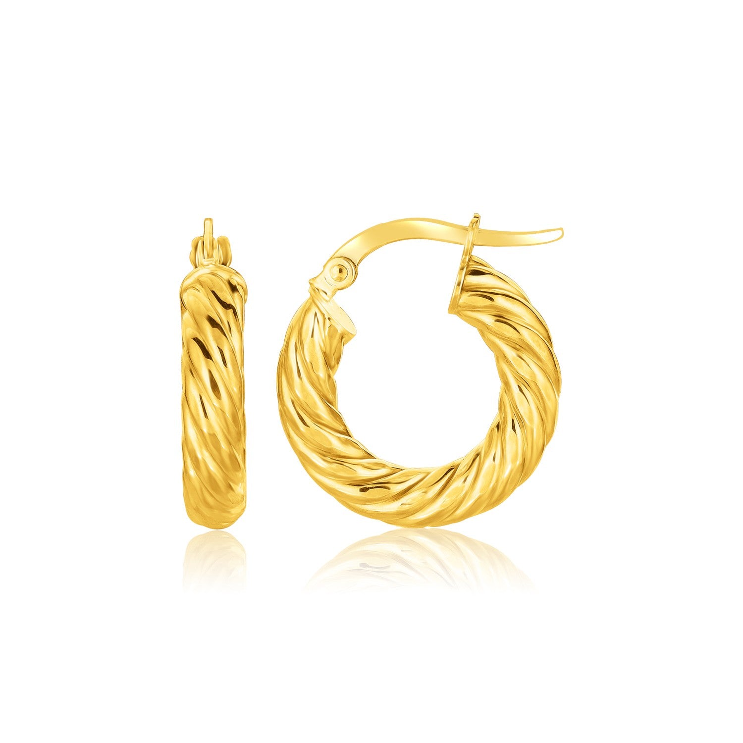 14k yellow gold twisted cable small hoop earrings, elegantly designed for a timeless luxury look.