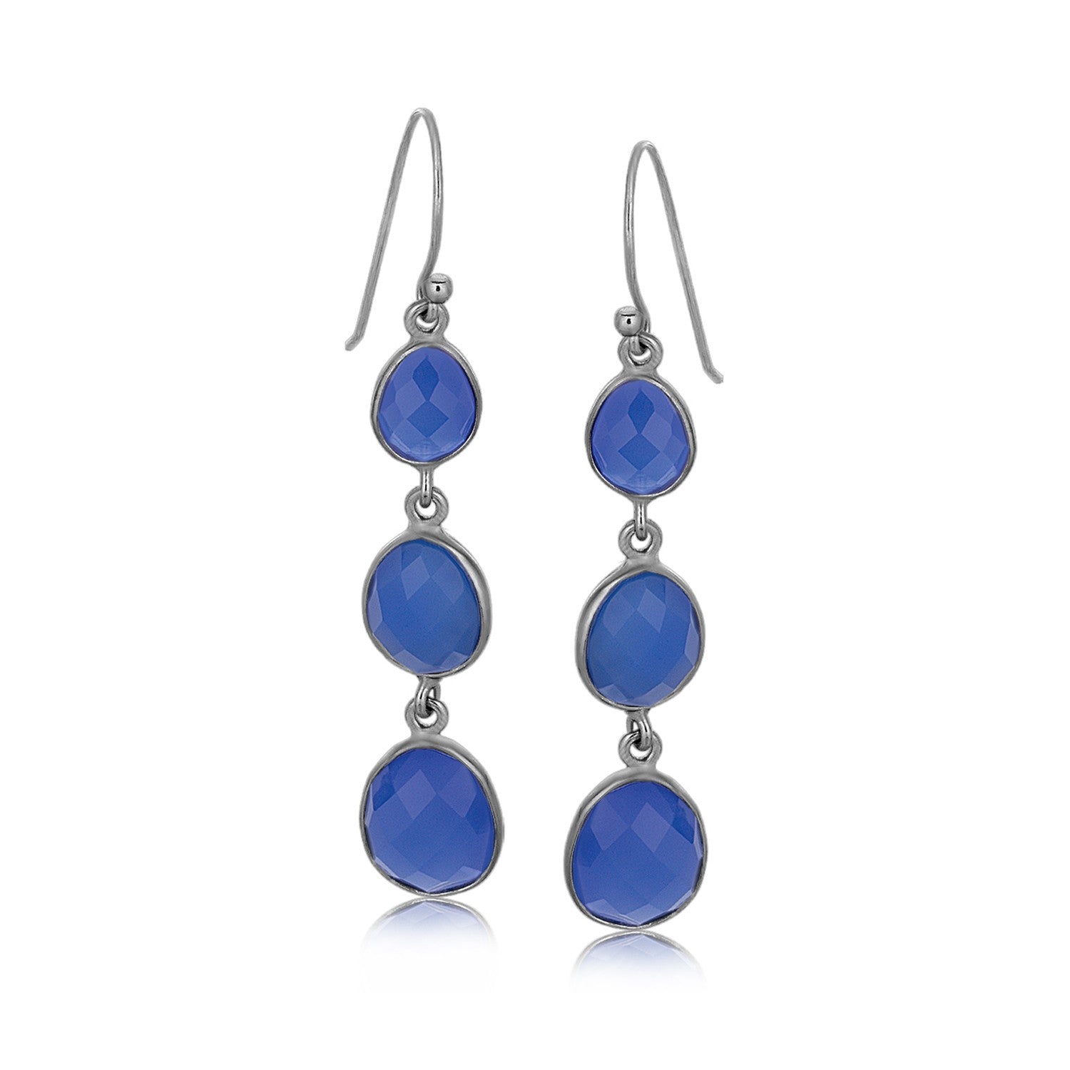 Sterling silver earrings with black rhodium plating and graduated oval chalcedony, showcasing modern elegance.