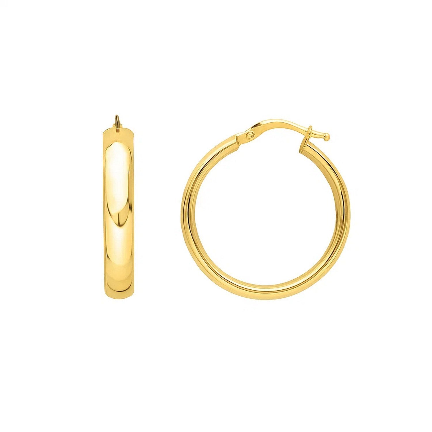 14k yellow gold polished hoop earrings with a sleek modern design, perfect for elegant everyday wear.