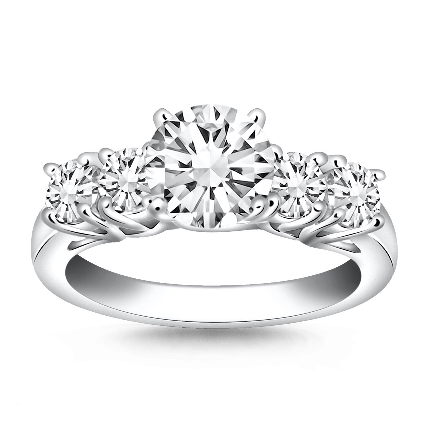 14k white gold five stone diamond trellis engagement ring with round diamonds in a minimalist prong setting.