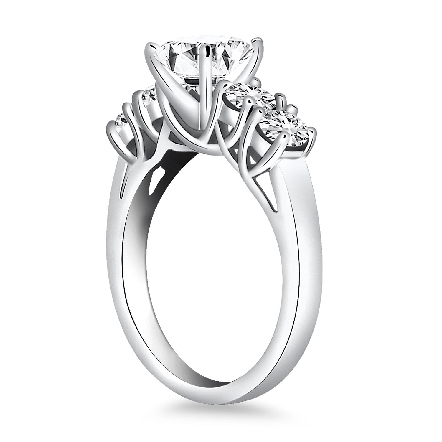14k white gold five stone diamond trellis engagement ring with minimalist prong setting and round diamonds.