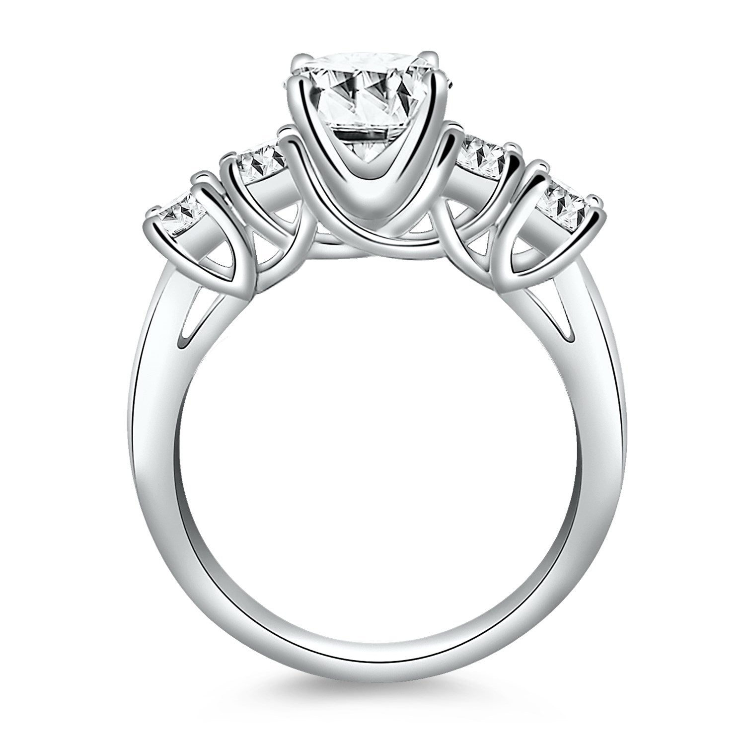 14k white gold five stone diamond trellis engagement ring with round brilliant diamonds in a minimalist design.
