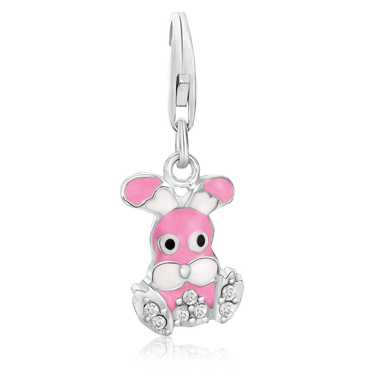 Sterling silver bunny charms featuring pink and black enamel with sparkling white tone crystals for a modern luxury touch.