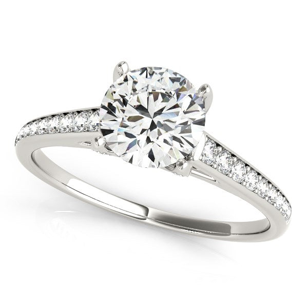 14k white gold diamond engagement ring with cathedral design and round brilliant center stone, elegant and timeless.