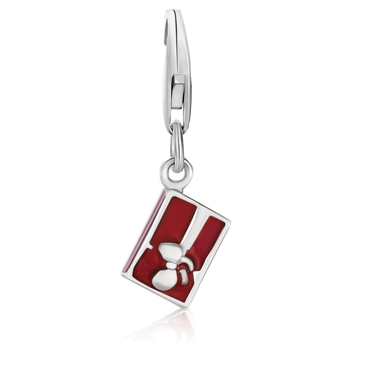 Sterling silver bow charm with luxurious red enamel finishing, perfect for elegant charm bracelets.