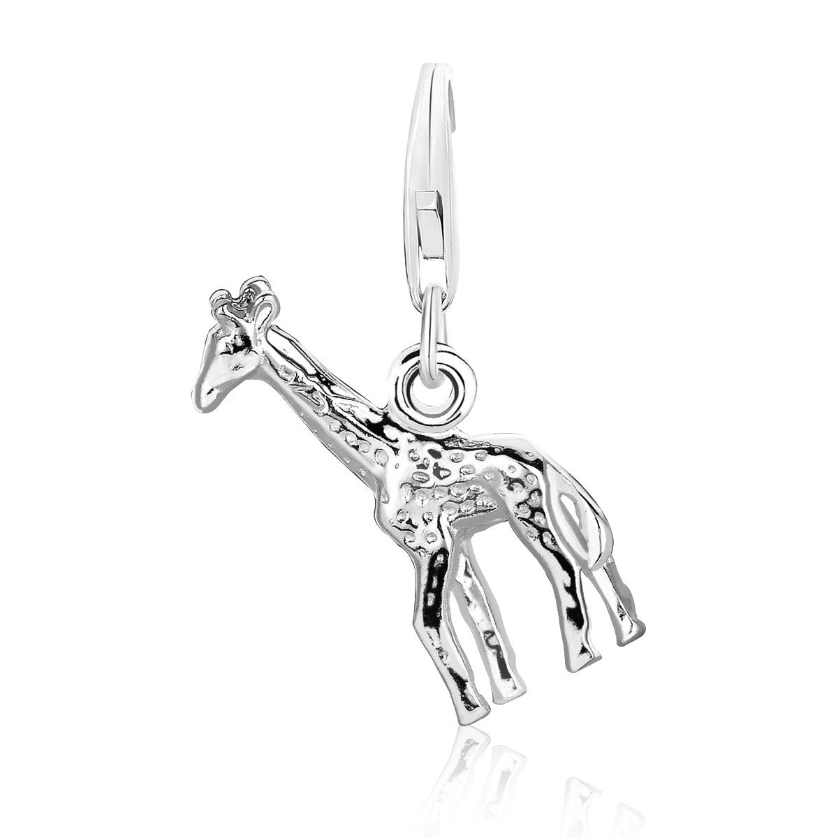 Sterling silver giraffe charms with modern design, perfect for adding a touch of luxury to any charm bracelet.