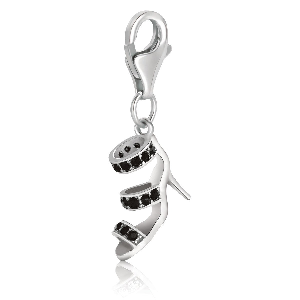 Sterling silver high heel shoe charms adorned with black tone crystal embellishments for an elegant touch.