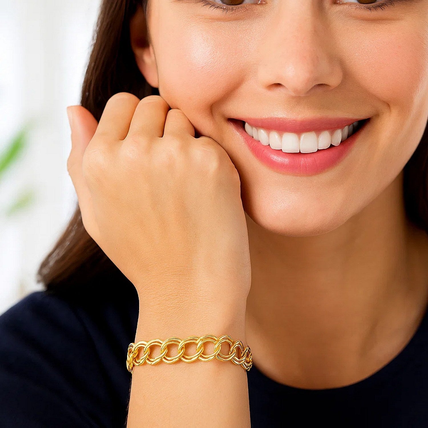 14k yellow gold double link charm bracelet, modern design with polished finish, perfect for elegant layering.