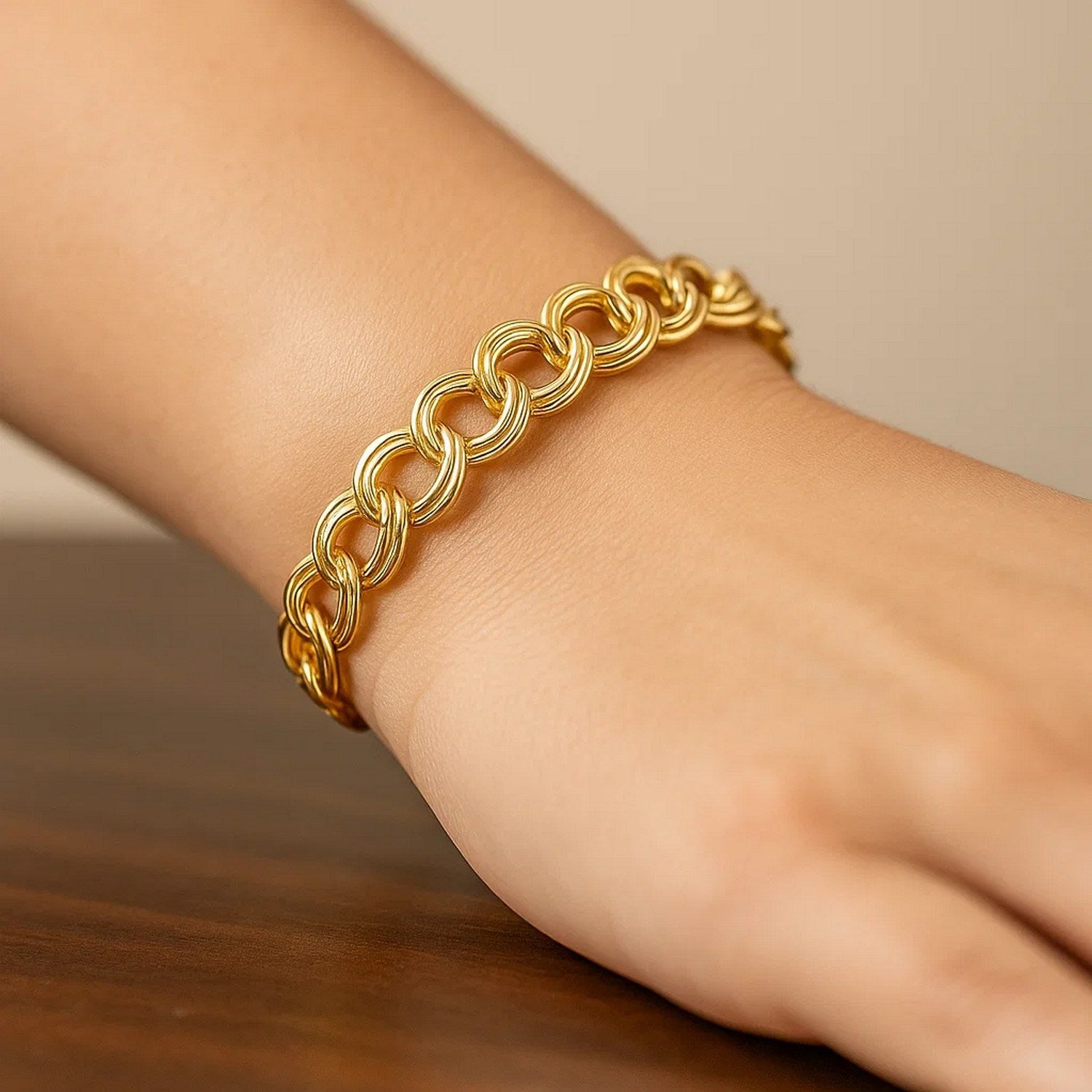 14k yellow gold solid double link charm bracelet with modern design, featuring elegant interlocking links.