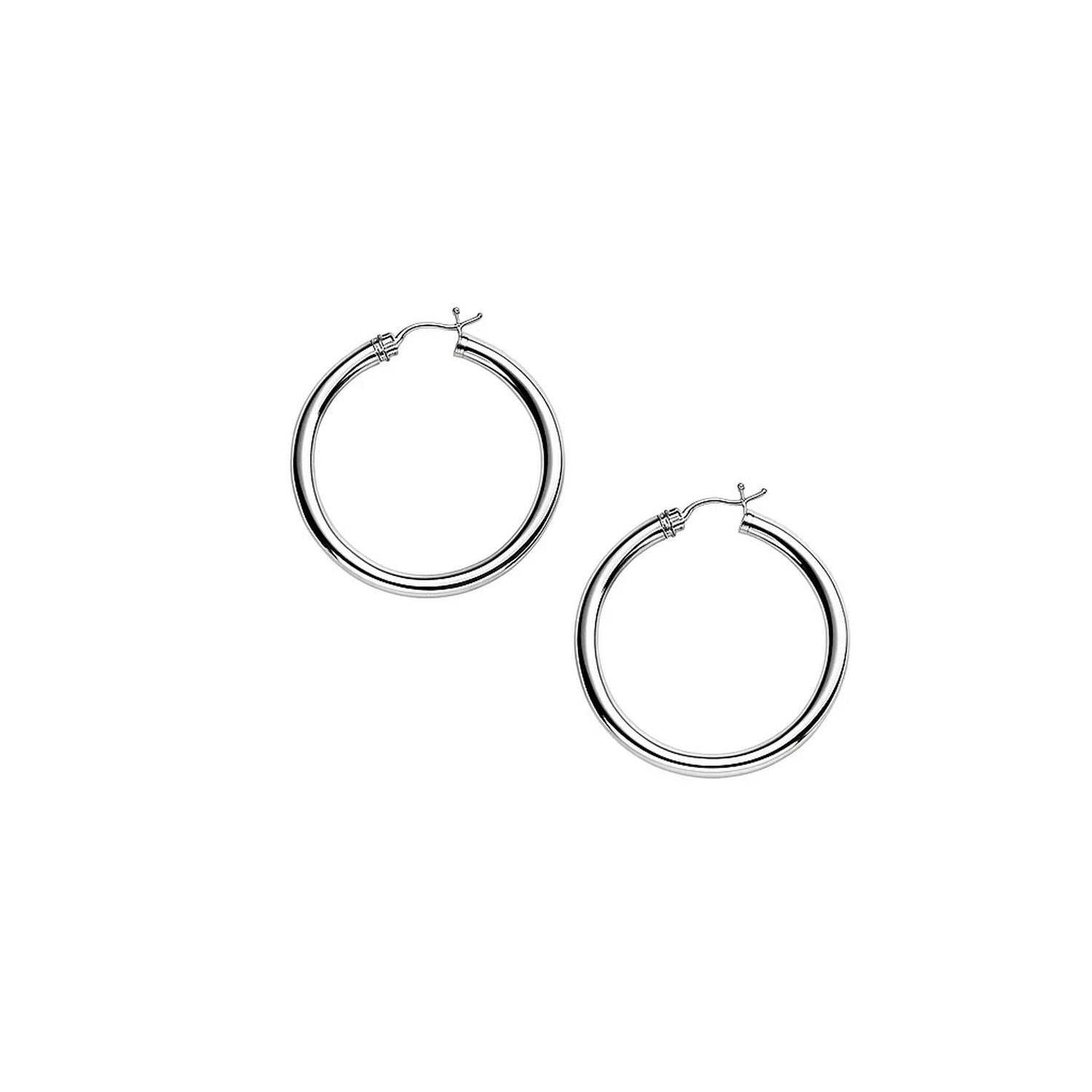 14k white gold polished hoop earrings with a sleek modern design, perfect for elegant everyday wear.