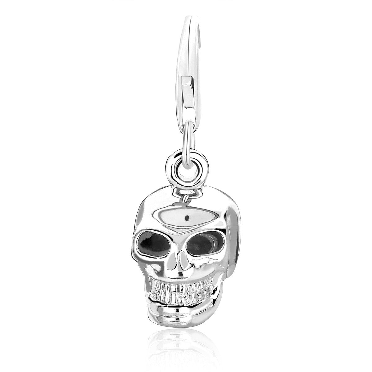 Sterling silver luxury skull charms with intricate detailing, perfect for adding elegance to any charm bracelet.