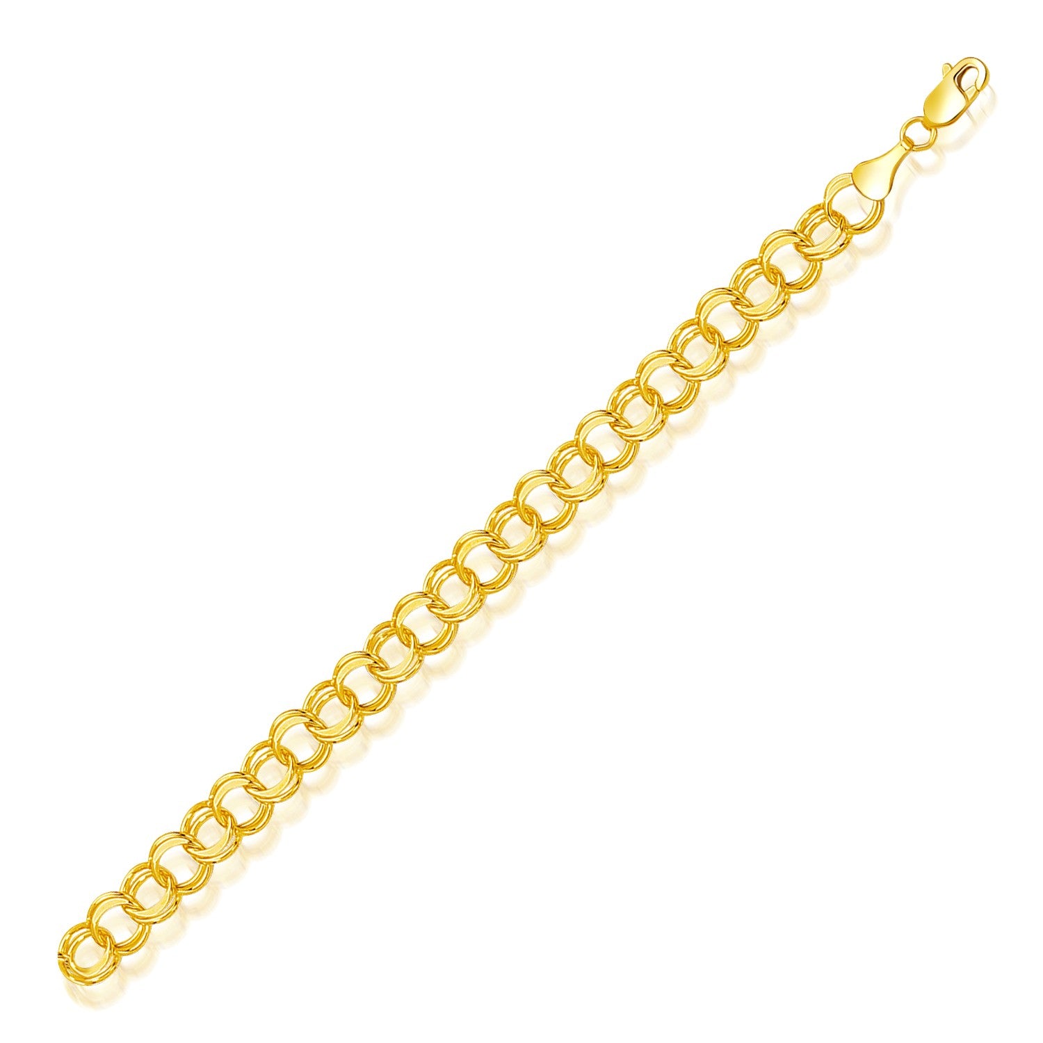 14k yellow gold solid double link charm bracelet, modern design with elegant shine and luxurious appeal.
