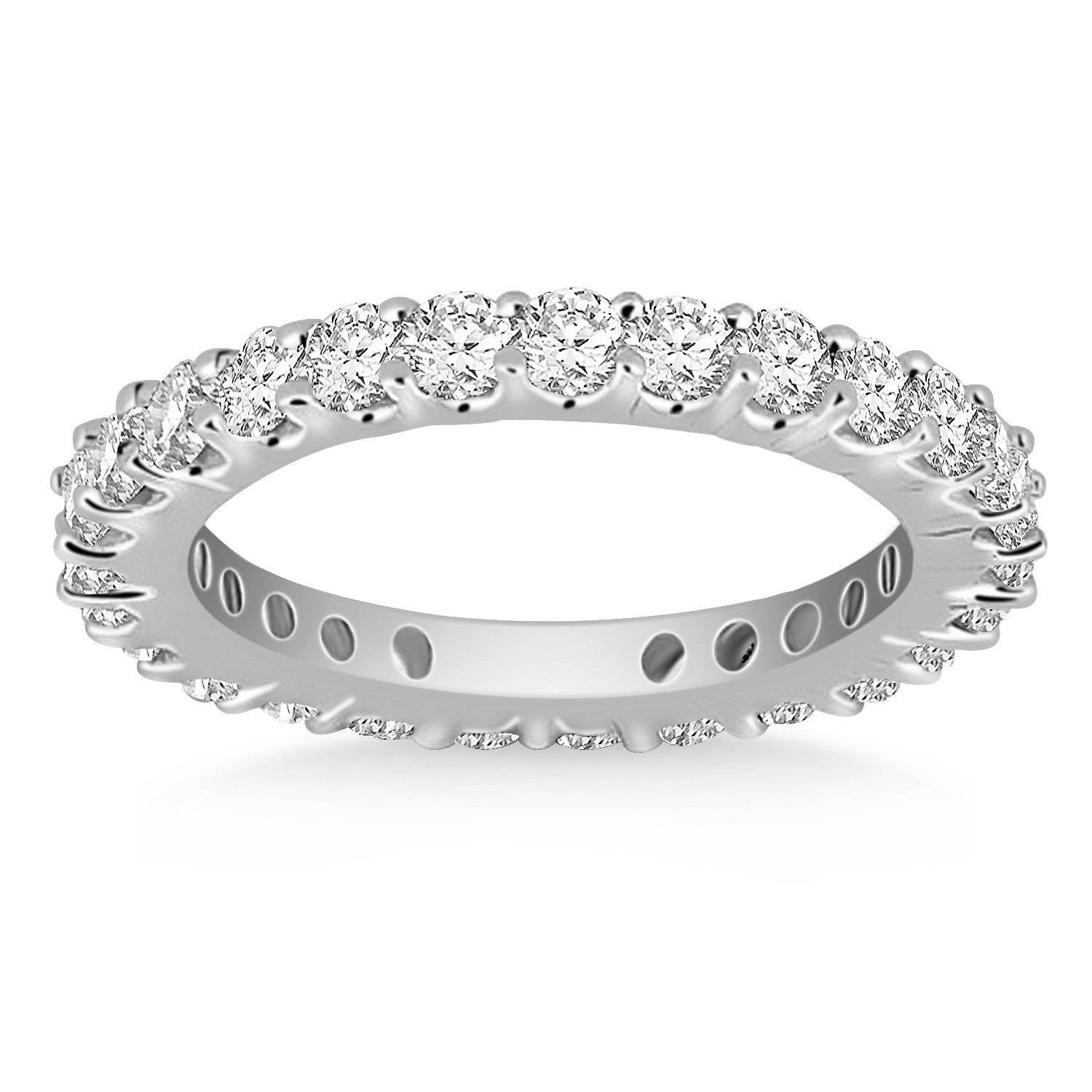 14k white gold eternity ring featuring round diamonds in a classic prong setting for timeless elegance.