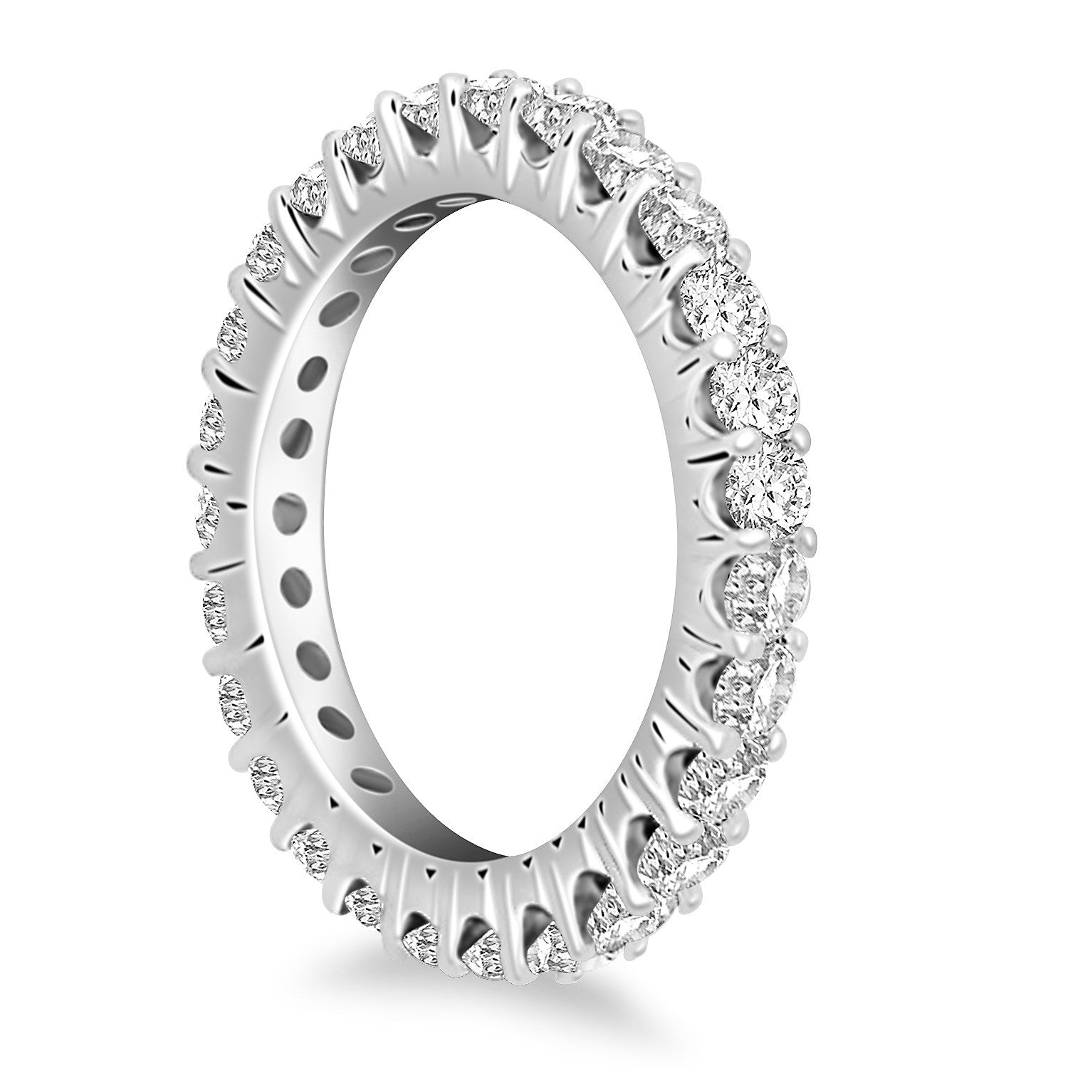 14k white gold eternity ring featuring round diamonds in elegant prong setting, showcasing timeless luxury and brilliance.