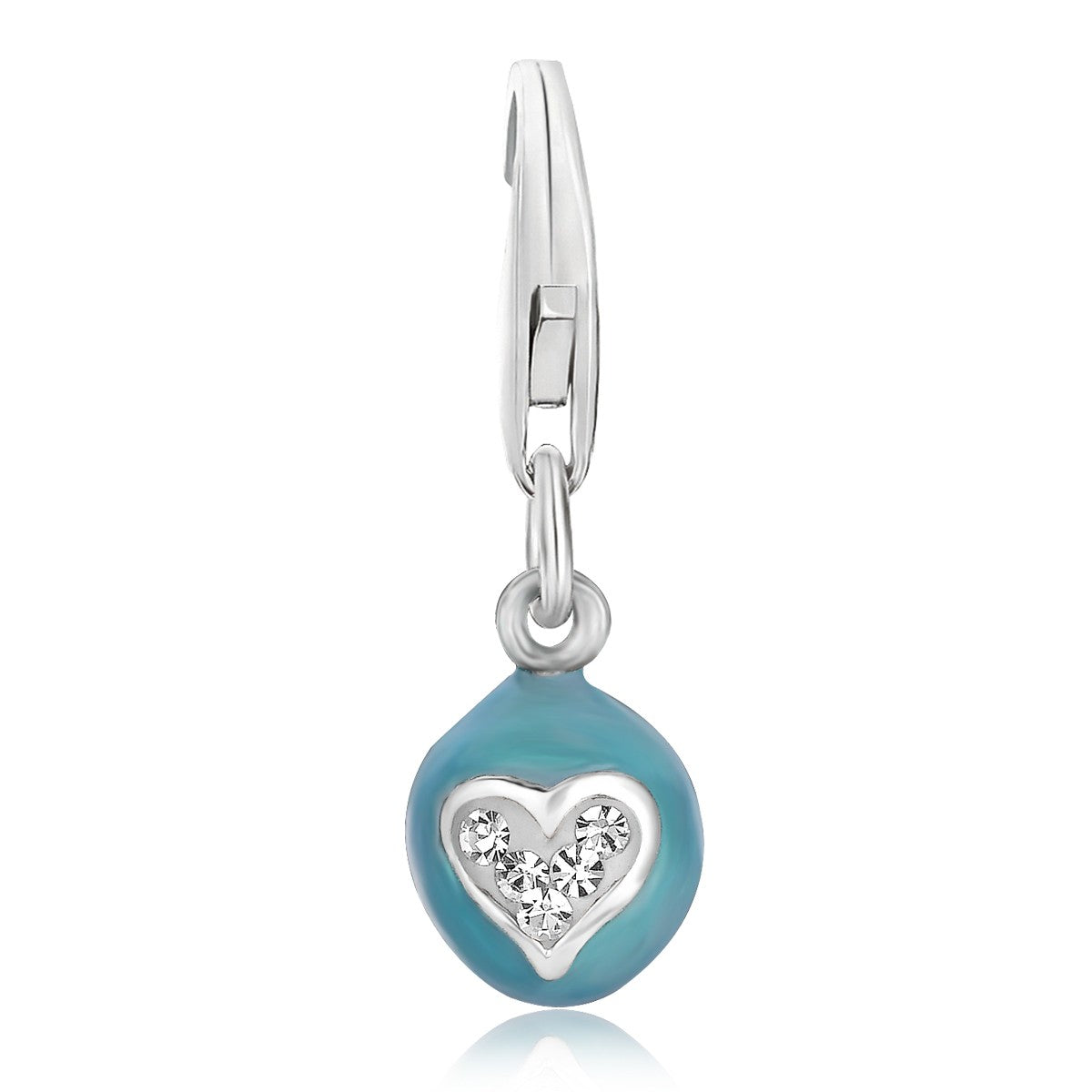 Sterling silver heart charm featuring a luxurious blue enameled egg, perfect for elegant charm bracelets.