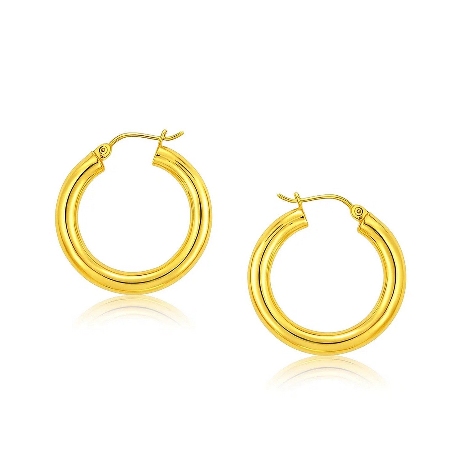 14k yellow gold polished hoop earrings, modern design, elegant 5x30 mm size, perfect for any luxury occasion.