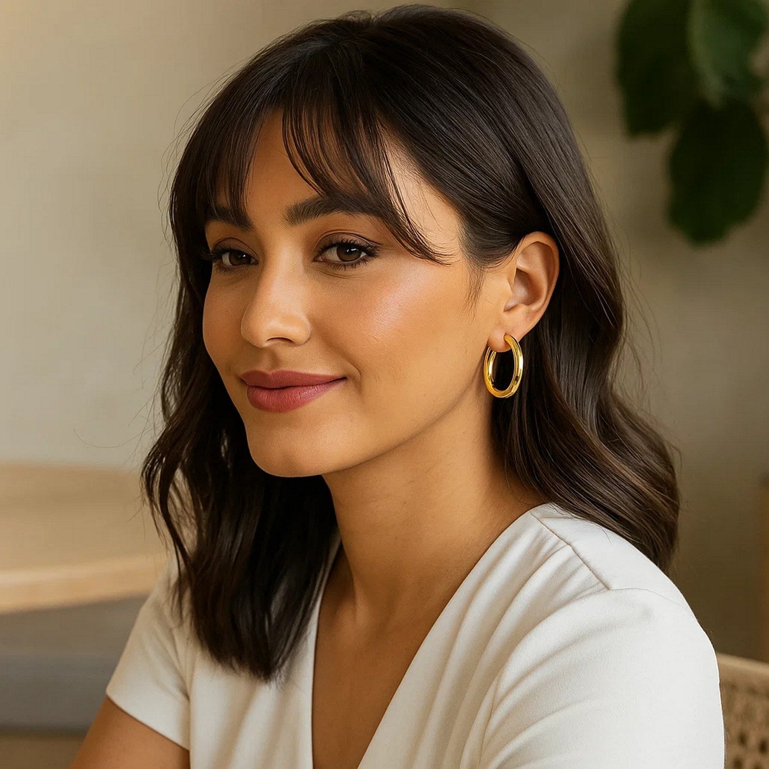 14k yellow gold polished hoop earrings, modern design, elegant shine, perfect for any luxury jewelry collection.