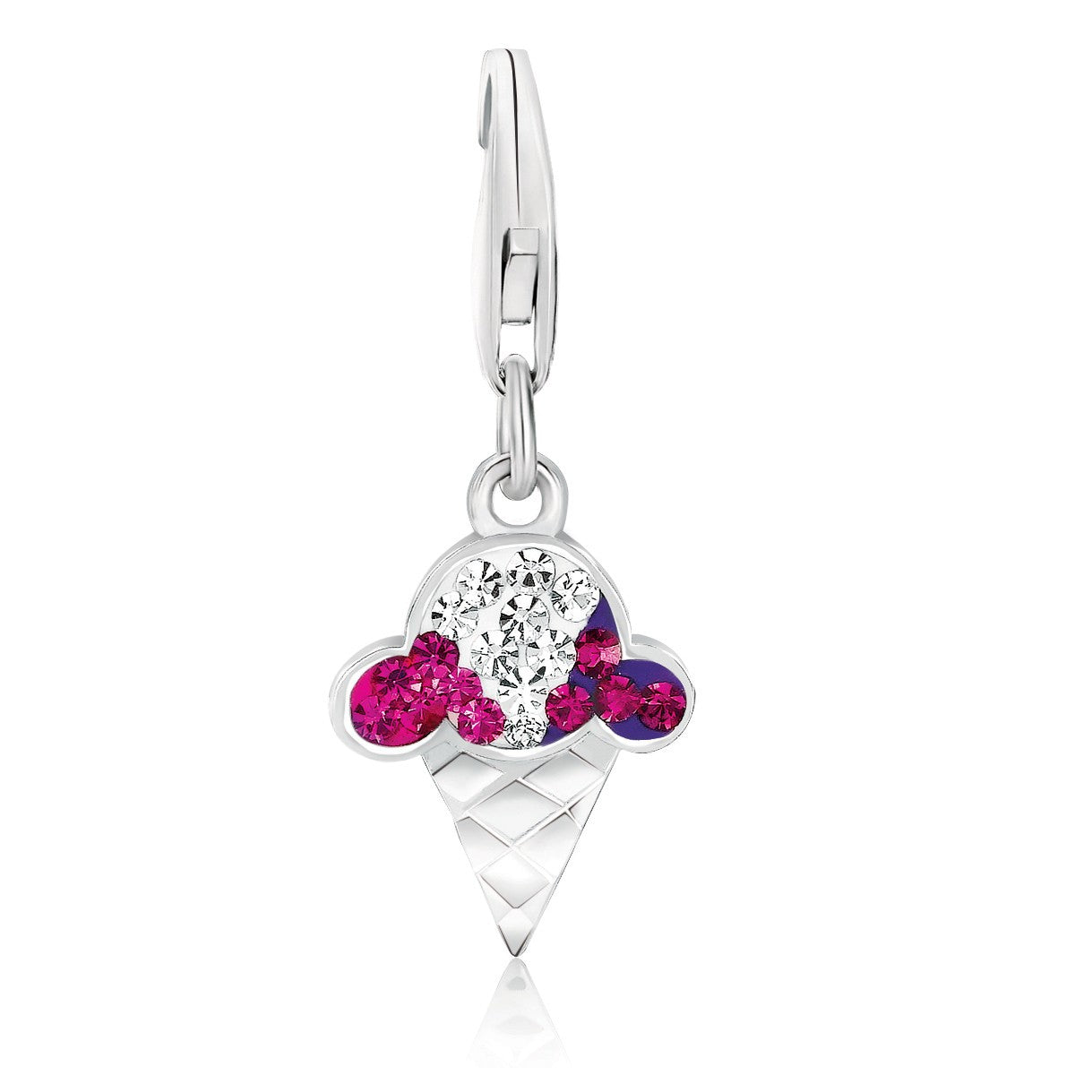 Sterling silver ice cream cone charm adorned with multi-color crystals, exuding elegance and playful luxury.