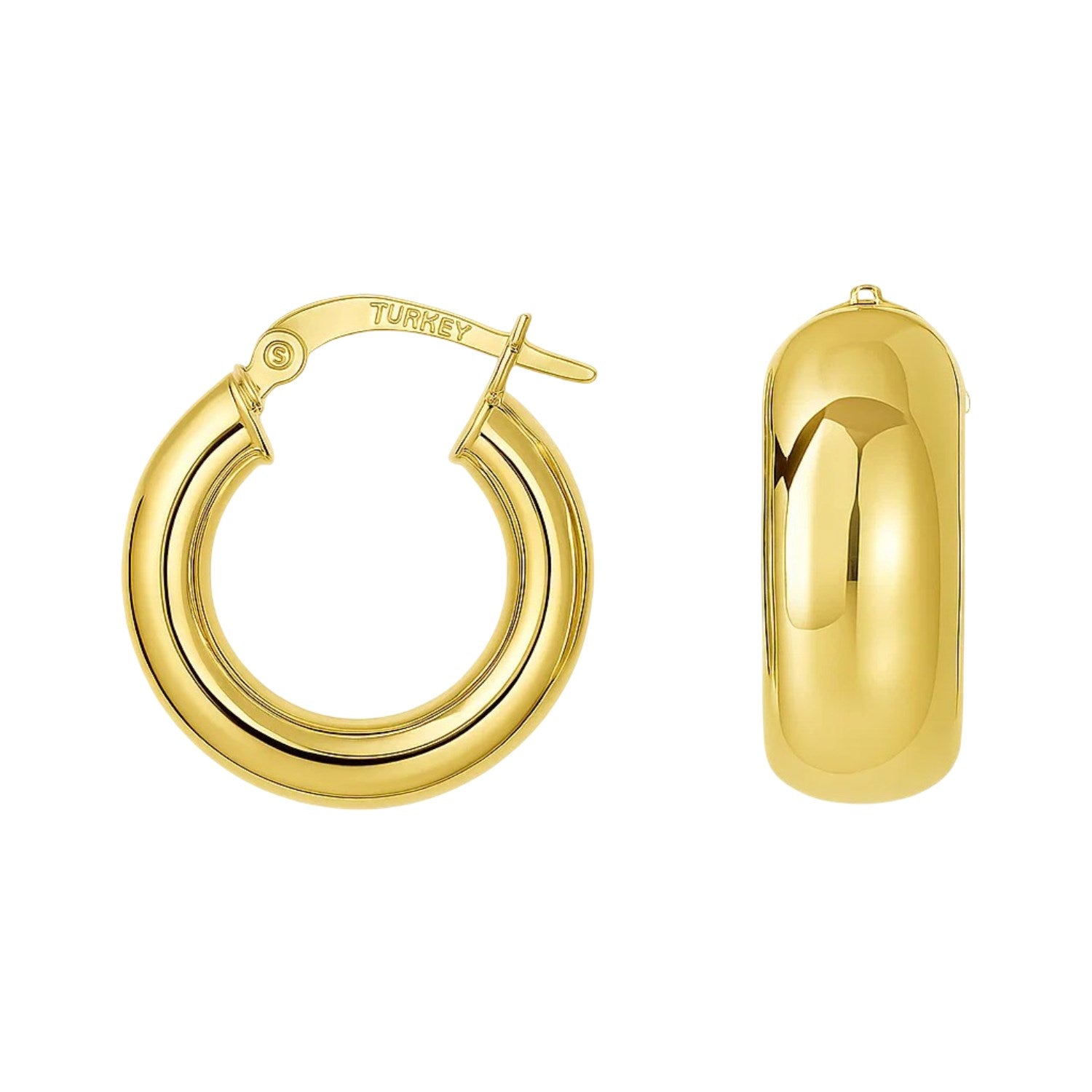 14k yellow gold polished wide small hoop earrings, showcasing a minimalist design for elegant everyday wear.