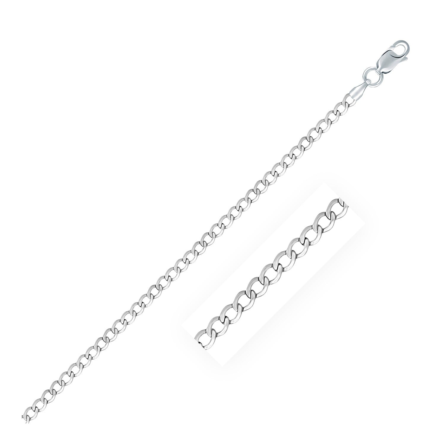 Rhodium plated sterling silver curb chain (3.00 mm) with a sleek modern design, perfect for layering or standalone elegance.