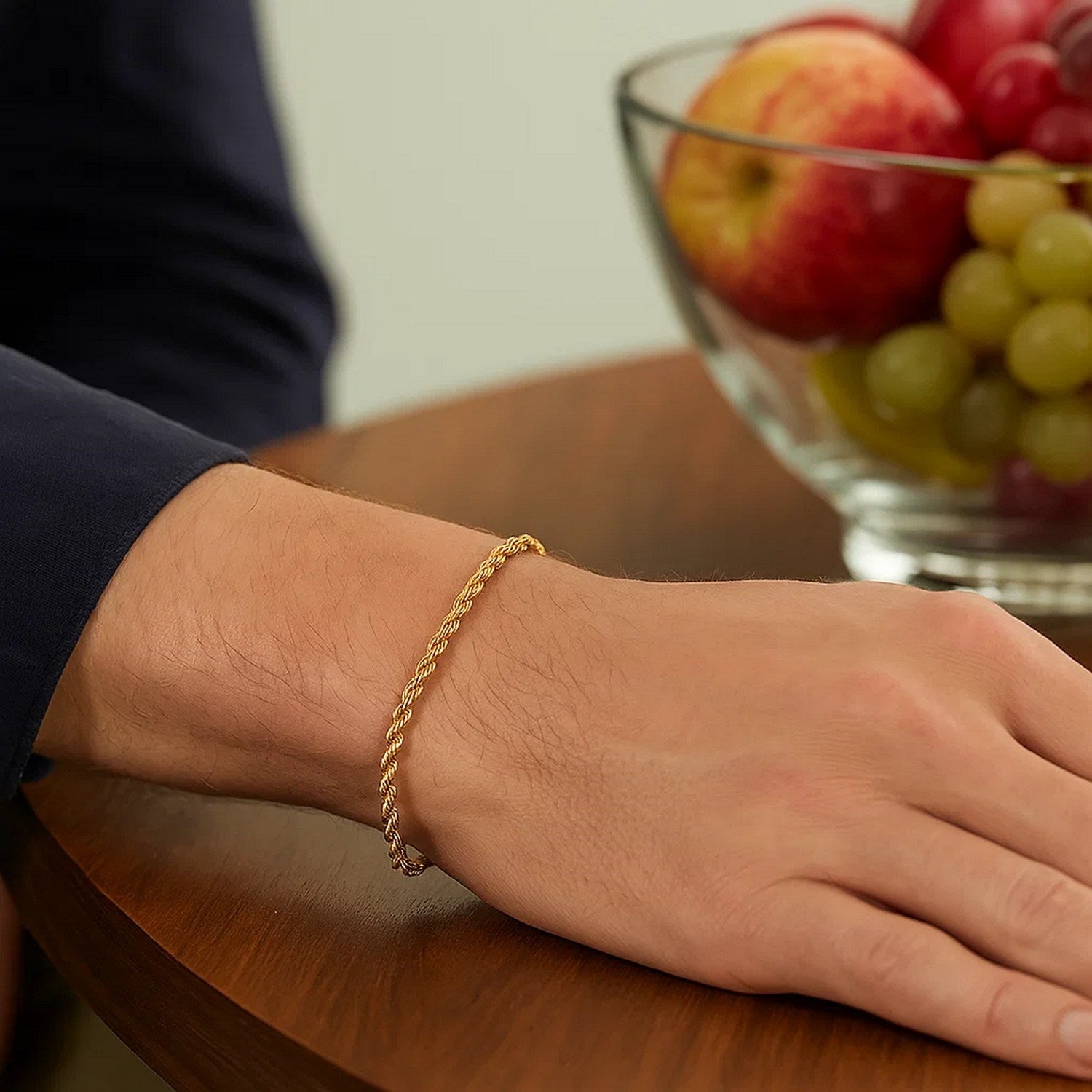14k yellow gold solid rope bracelet, modern luxury design with a 3.00 mm width, perfect for elegant layering.