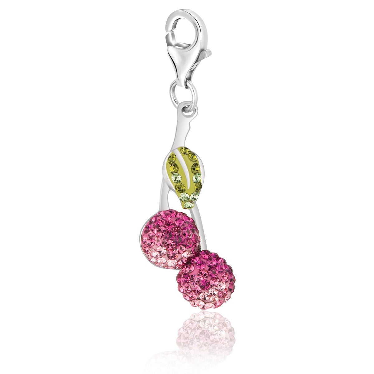 Sterling silver cherry charms adorned with lime, pink, and white tone crystals for an elegant, luxurious touch.