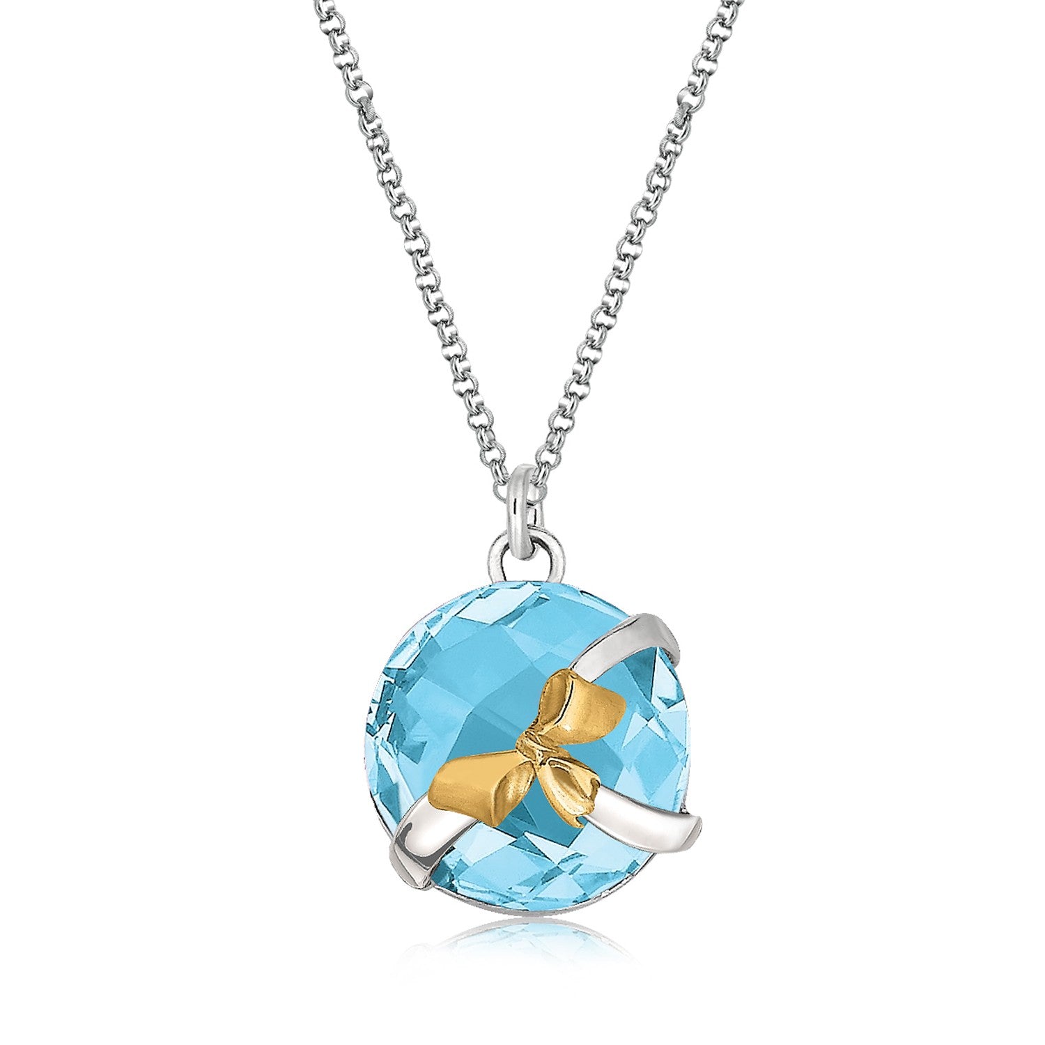 Elegant 18K yellow gold and sterling silver bow pendant featuring a round blue topaz, perfect for luxurious occasions.