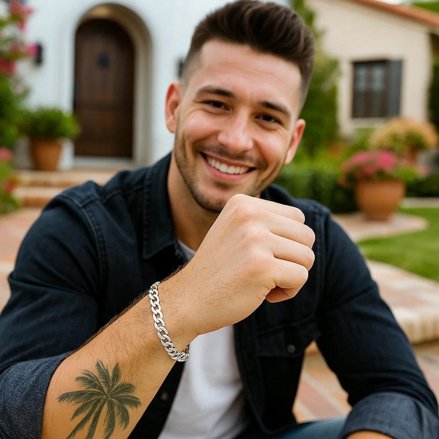 14k white gold solid curb bracelet with a modern design, featuring a sleek chain and stud accents for timeless elegance.