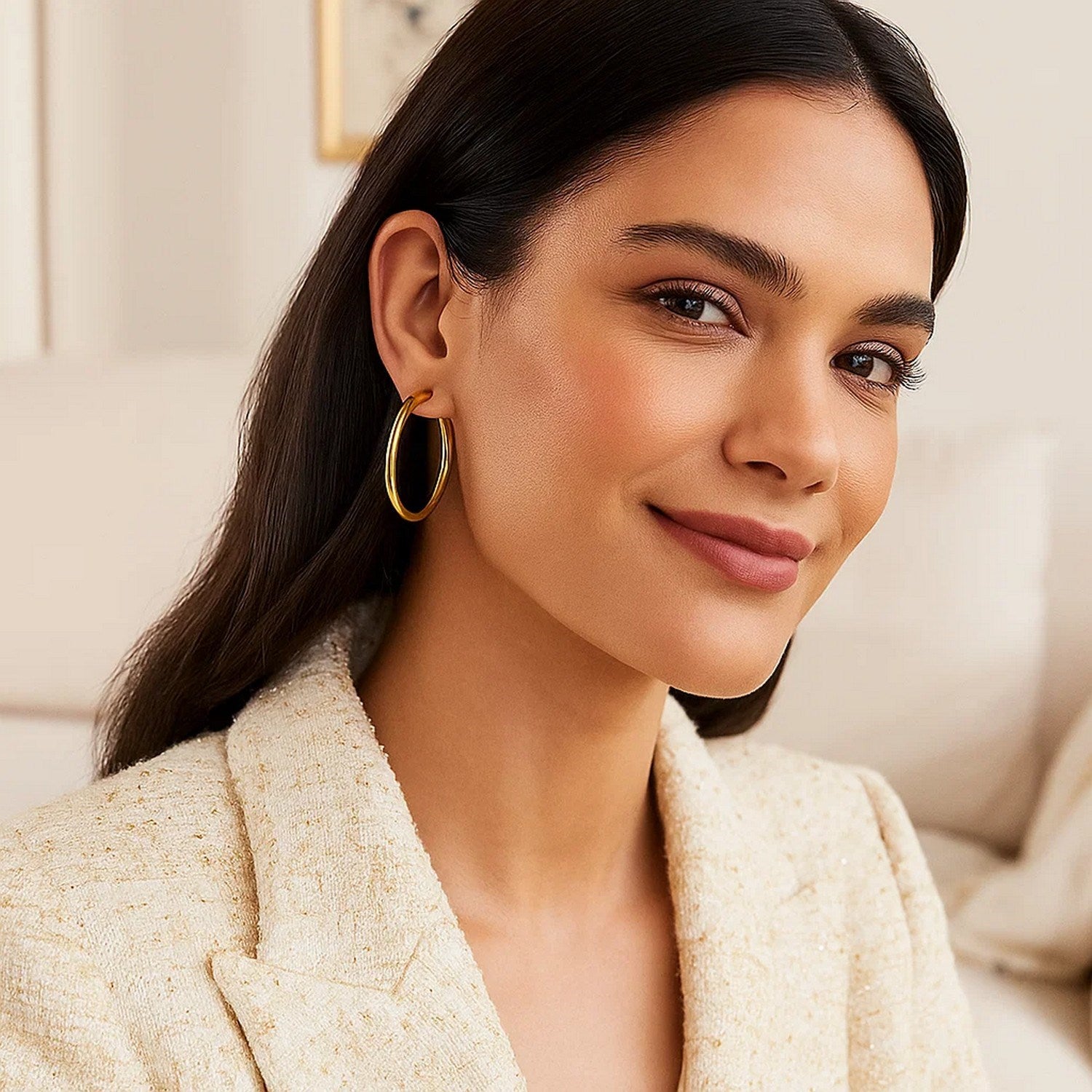 14k yellow gold polished hoop earrings, modern design, elegant shine, perfect for sophisticated occasions.