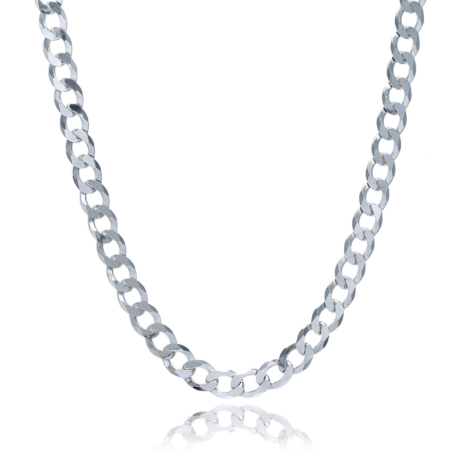 Rhodium plated sterling silver curb chain with modern link design, showcasing elegance and luxury craftsmanship.