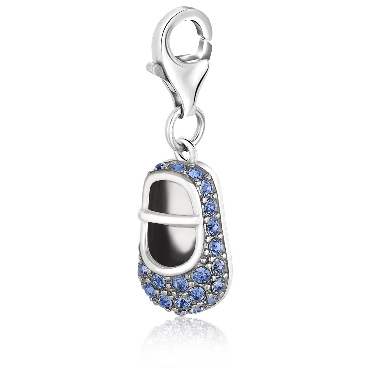 Sterling silver baby shoe charms embellished with blue tone crystals, exuding classic luxury and charm.