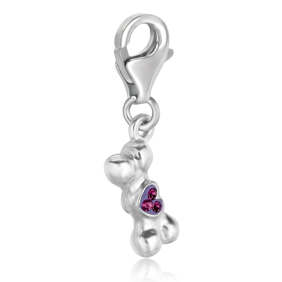 Sterling silver dog bone charms adorned with heart-shaped crystals, exuding elegance and luxury for a unique accessory.