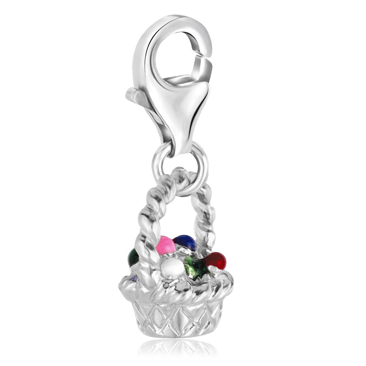 Sterling silver enameled Easter egg basket charm with modern design, perfect for luxury charm bracelets.