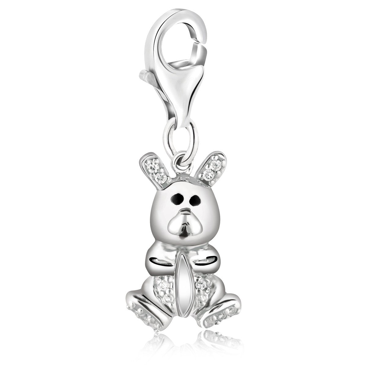Sterling silver bunny charms embellished with white tone crystals, showcasing modern luxury and playful elegance.
