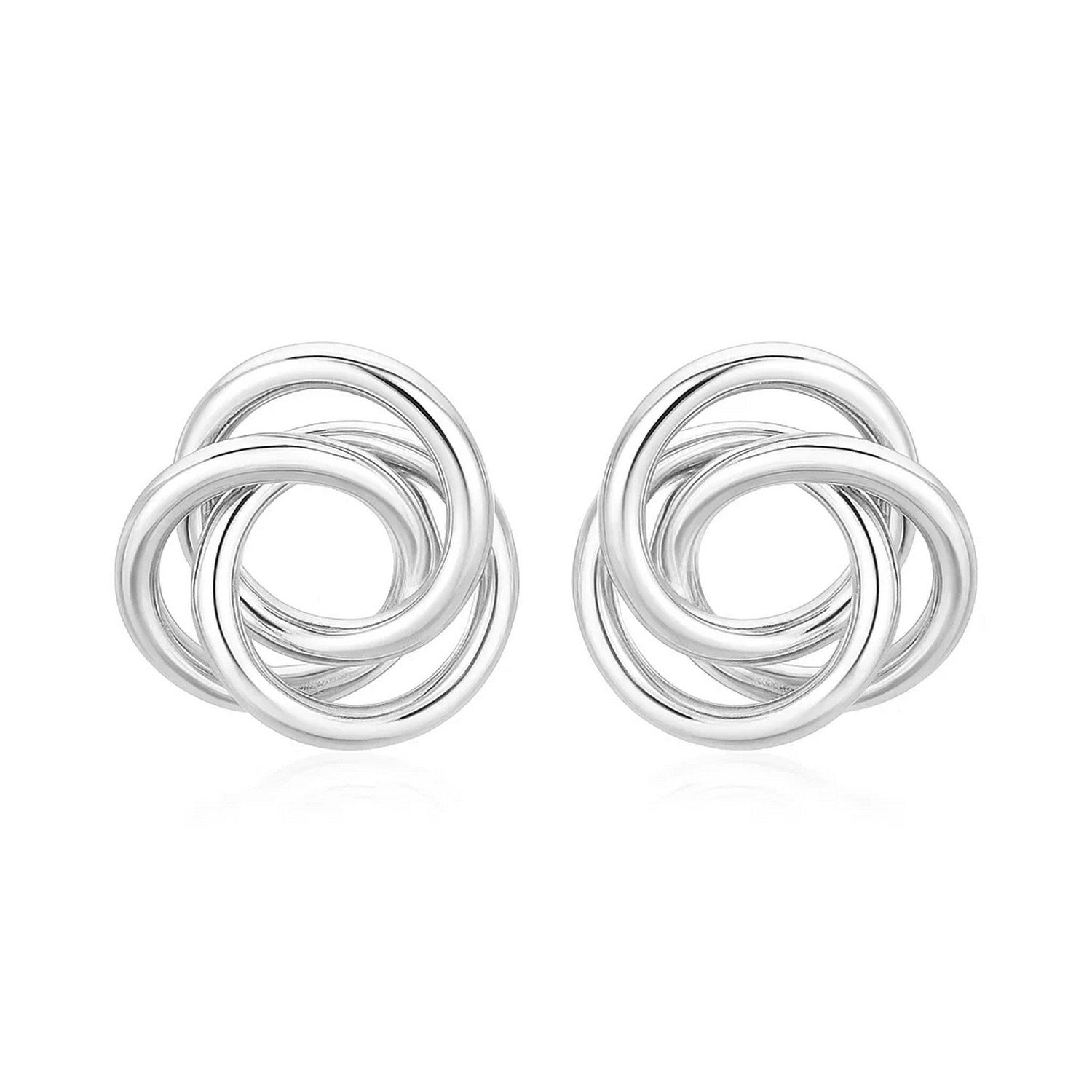 Polished sterling silver open love knot earrings, showcasing a modern design with a luxurious finish.
