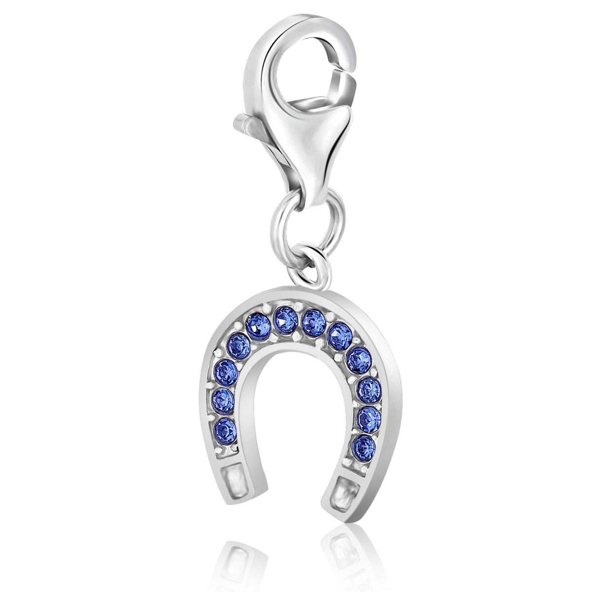 Sterling silver horseshoe charms adorned with blue tone crystals, embodying modern luxury and elegance.