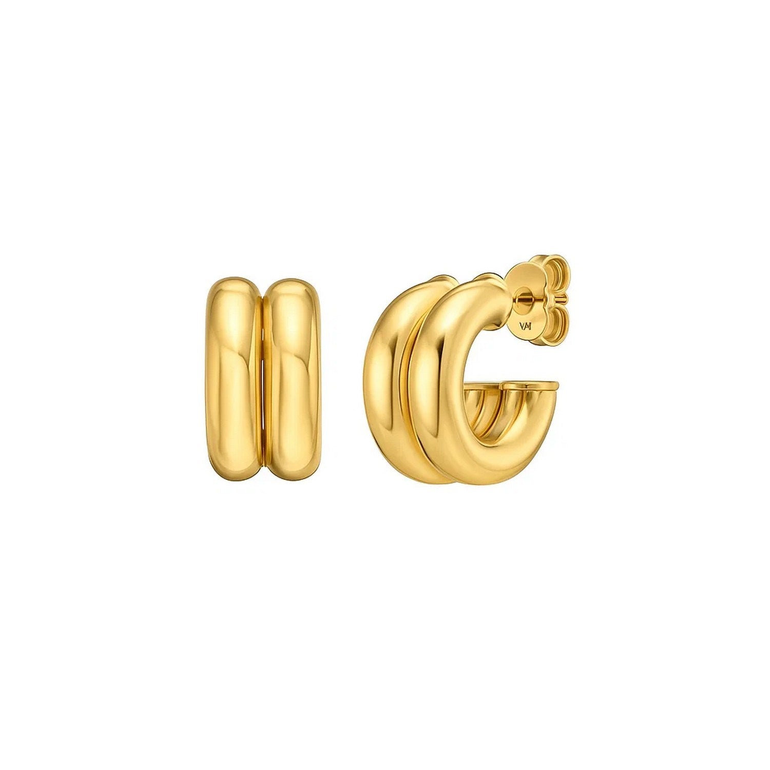 14k yellow gold puffed double row C hoop earrings with a modern design, perfect for elegant occasions.