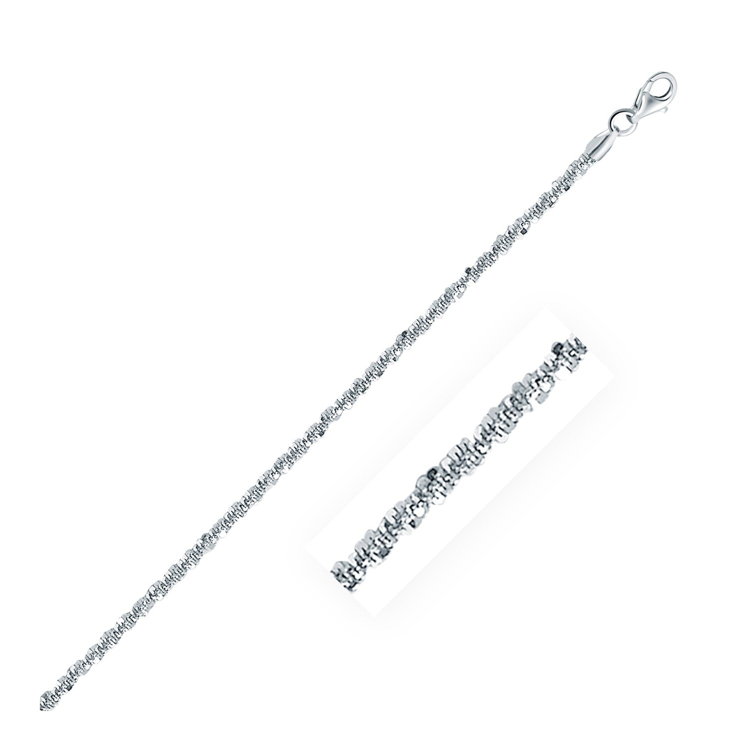 Rhodium plated 2.2mm sterling silver chain featuring an elegant sparkle style, perfect for layering or standalone wear.