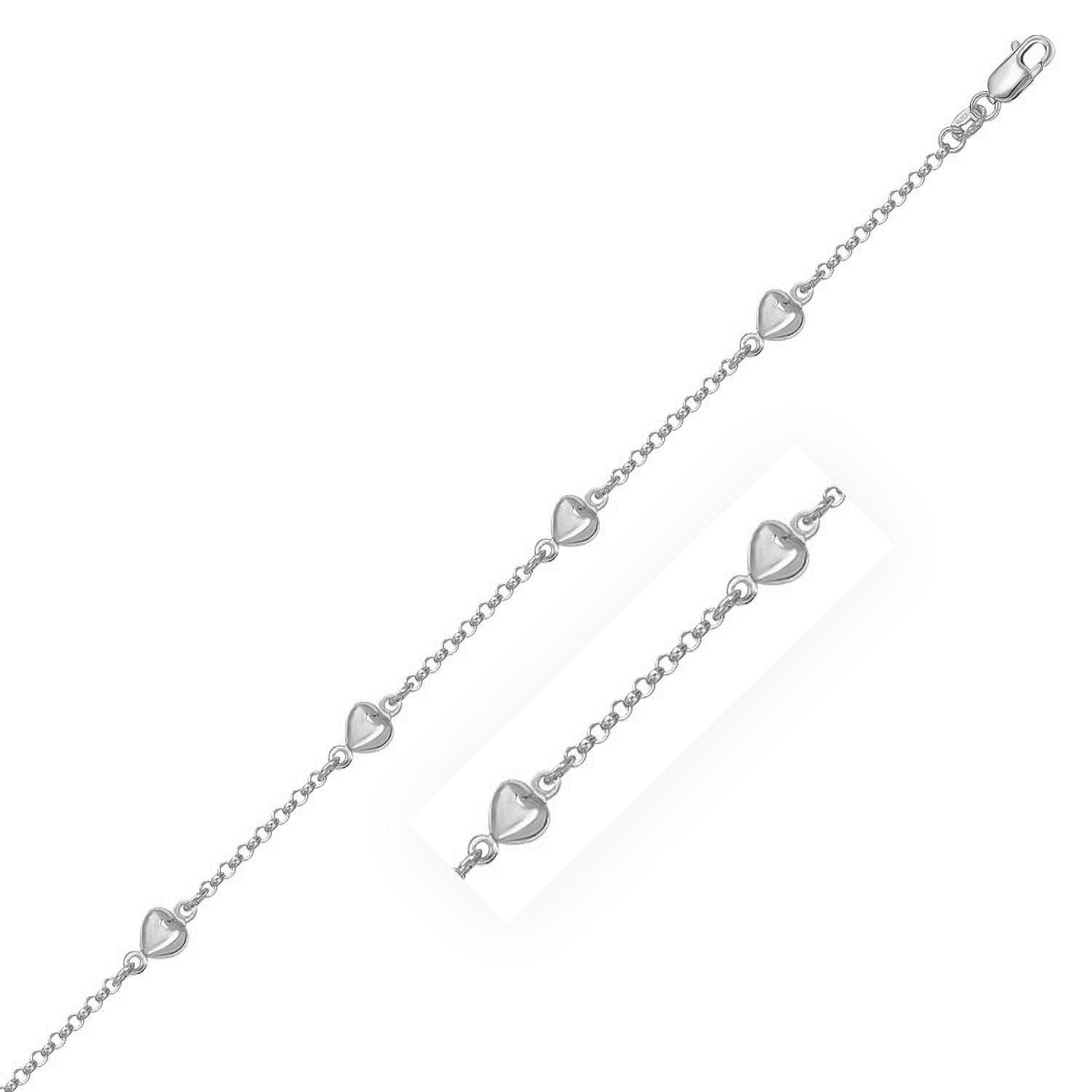 14k white gold rolo chain bracelet featuring elegant puffed heart stations for a classic, timeless look.